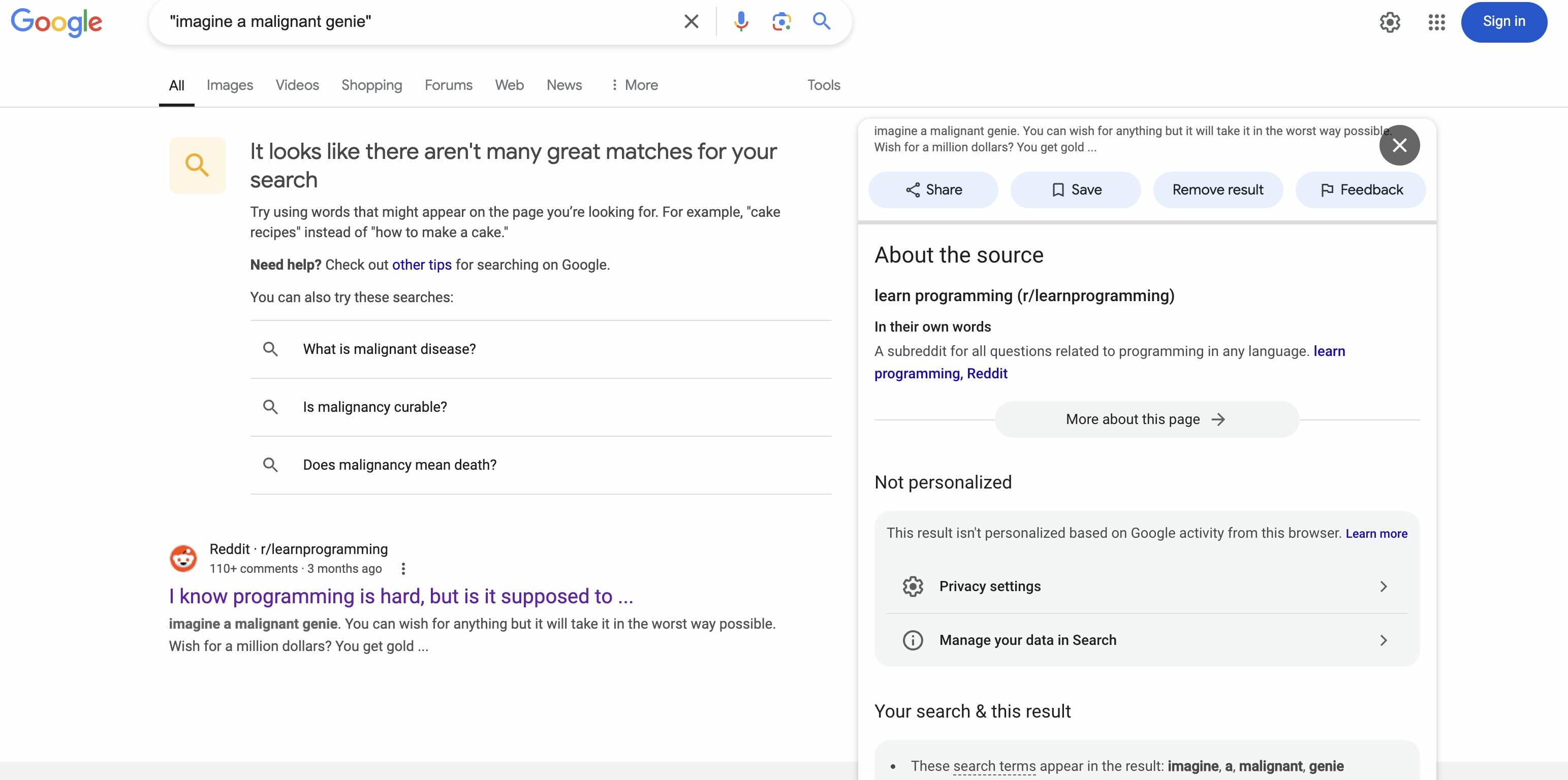 Google search result for /r/learnprogramming showing partial 'malignant genie' prompt.