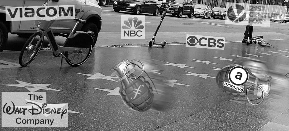 Grenades with Arweave and Filecoin logos, rolling down Hollywood Boulevard
